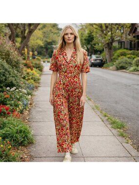 Rachel Antonoff Gabbe Jumpsuit Short Sleeve Women Red Cotton Pockets Casual 6 Gr